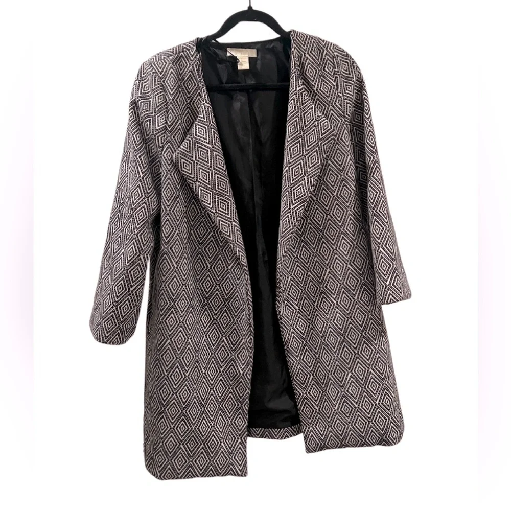 H&M Boho Geo/Chevron/Herringbone Overcoat Jacket | Grey/Cream | Size 6